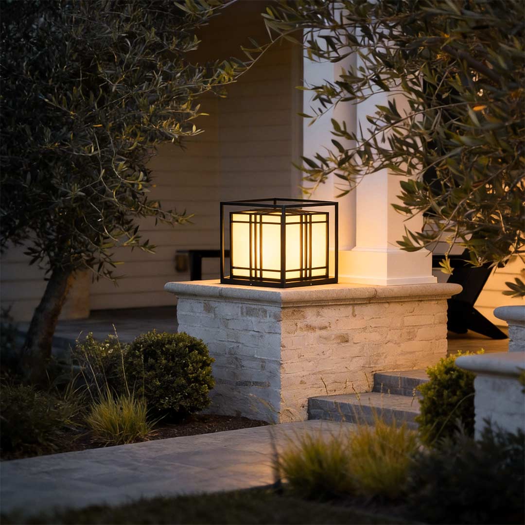 Caged Galvanized Steel Imitation Marble Outdoor Pillar Light Black Hardwired IP65 4 Sizes Courtyard Villa Lawn