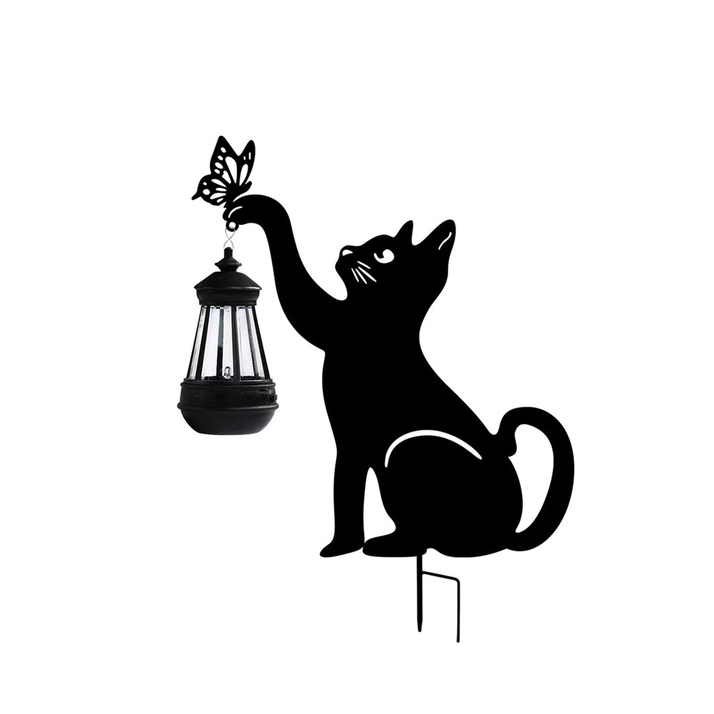 Solar Cat Silhouette Garden Stake Light Black Metal Hanging Lantern IP55 3000K Warm White Left Right or Dual Position