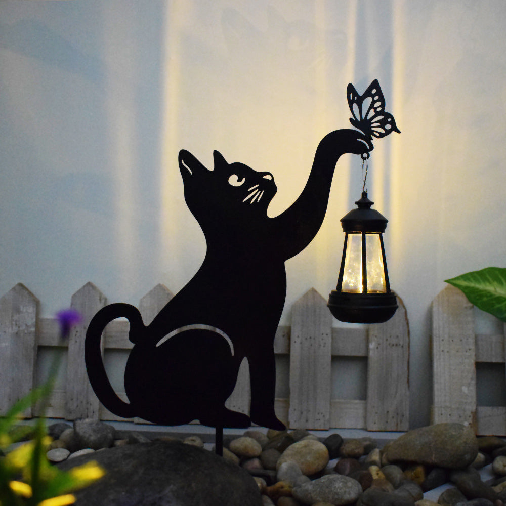 Solar Cat Silhouette Garden Stake Light Black Metal Hanging Lantern IP55 3000K Warm White Left Right or Dual Position