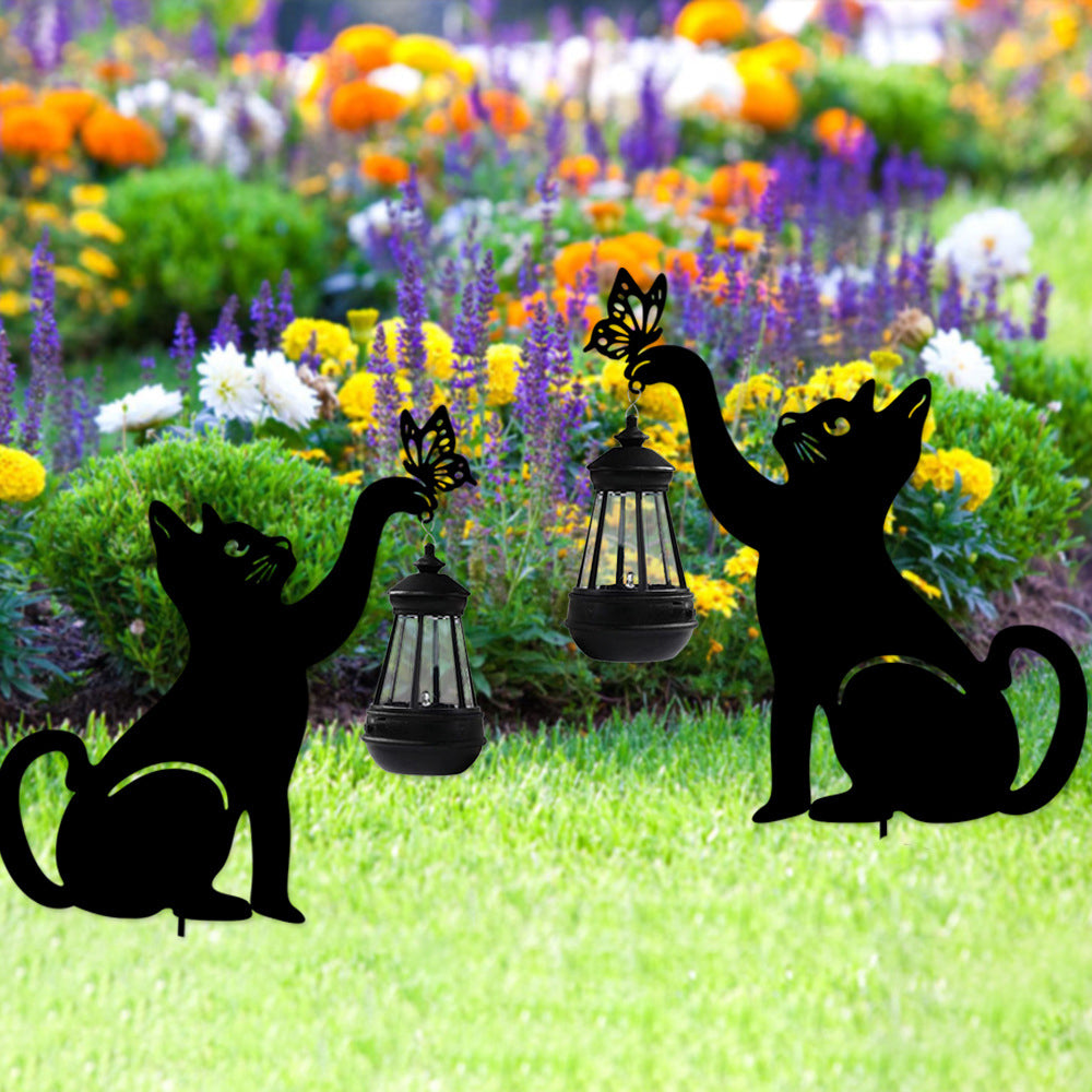 Solar Cat Silhouette Garden Stake Light Black Metal Hanging Lantern IP55 3000K Warm White Left Right or Dual Position