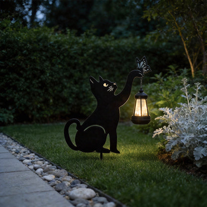 Solar Cat Silhouette Garden Stake Light Black Metal Hanging Lantern IP55 3000K Warm White Left Right or Dual Position