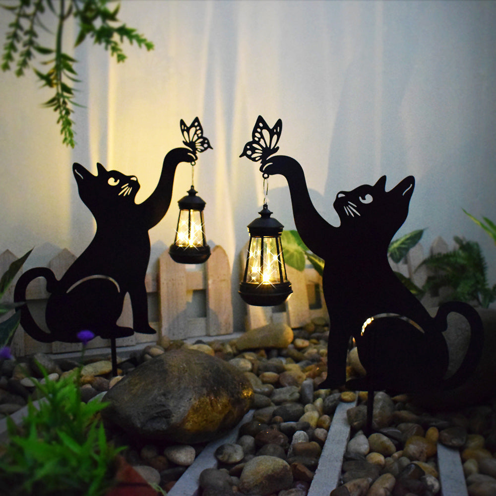 Solar Cat Silhouette Garden Stake Light Black Metal Hanging Lantern IP55 3000K Warm White Left Right or Dual Position
