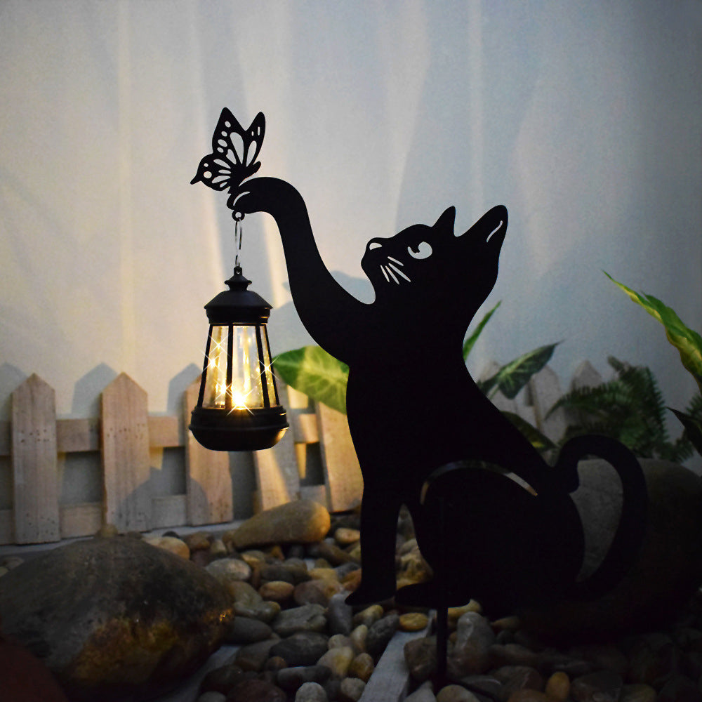 Solar Cat Silhouette Garden Stake Light Black Metal Hanging Lantern IP55 3000K Warm White Left Right or Dual Position