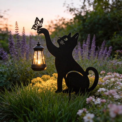 Solar Cat Silhouette Garden Stake Light Black Metal Hanging Lantern IP55 3000K Warm White Left Right or Dual Position