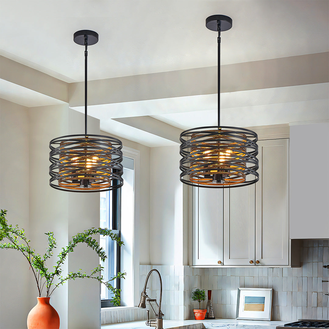 Black Drum Pendant Light Stacked Iron Rings Walnut Accent E12 American Retro 3 Sizes Dining Bar