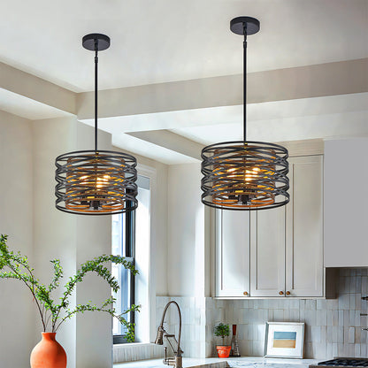 Black Drum Pendant Light Stacked Iron Rings Walnut Accent E12 American Retro 3 Sizes Dining Bar