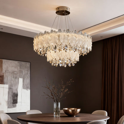 Crystal Chandelier Carbon Steel Champagne Gold French Country LED Tri-Color Leaf Crystal Single Double Layer Long Hanging