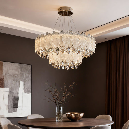 Crystal Chandelier Carbon Steel Champagne Gold French Country LED Tri-Color Leaf Crystal Single Double Layer Long Hanging