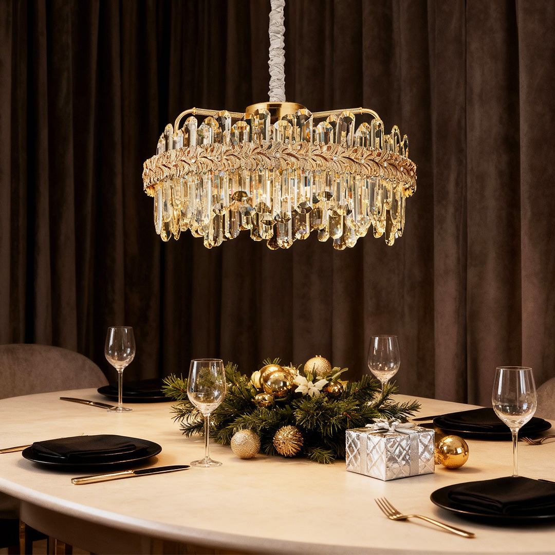 Crystal Chandelier Carbon Steel Gold Champagne LED Tri-Color Integrated Single Double Layer Oval Modern