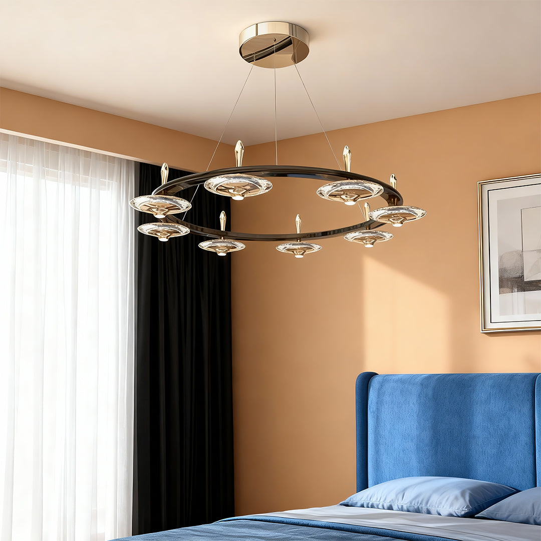 Crystal Chandelier Terracotta Gold Pearl Black Crystal Round Drops Integrated LED 3-Step Dimming Modern Minimalist