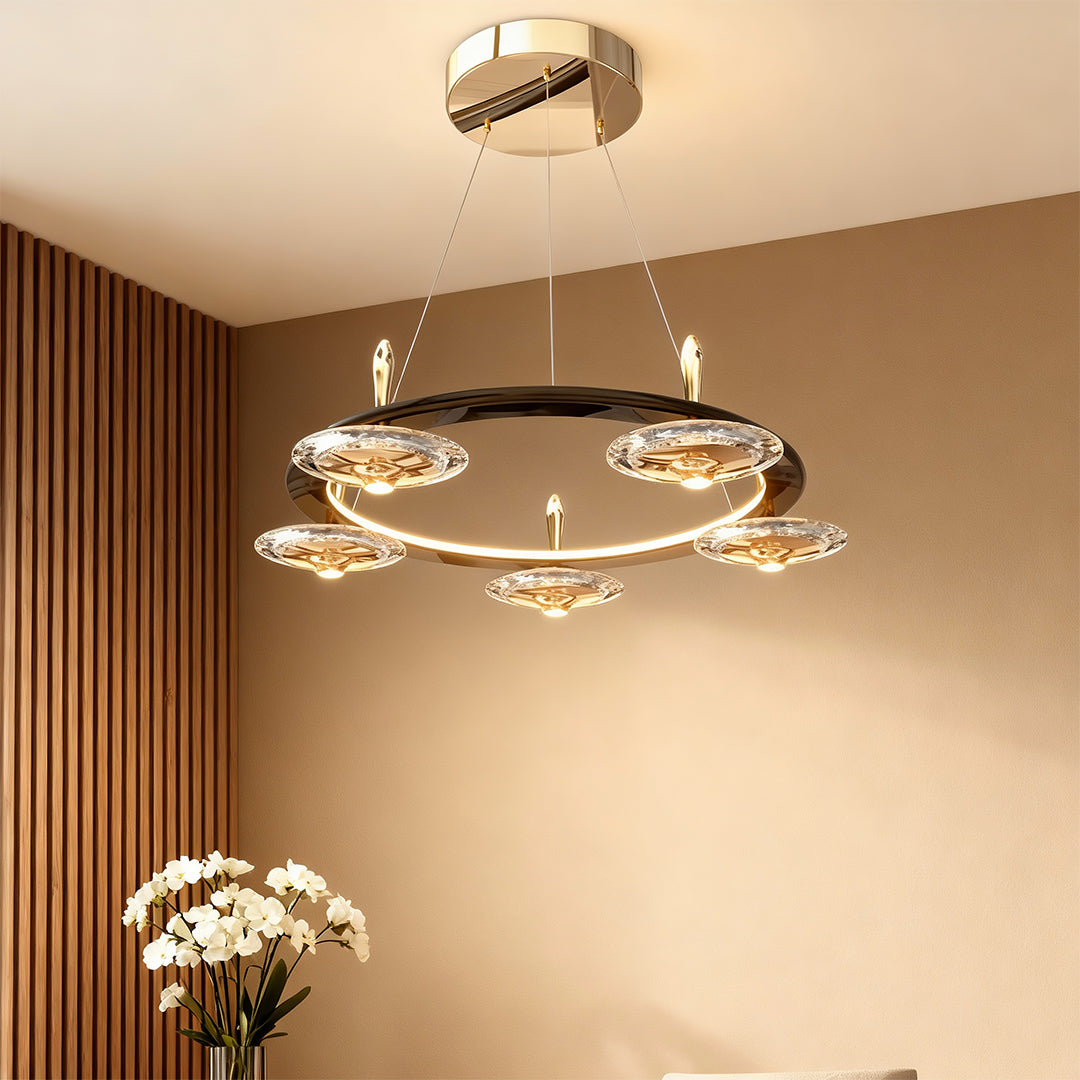 Crystal Chandelier Terracotta Gold Pearl Black Crystal Round Drops Integrated LED 3-Step Dimming Modern Minimalist