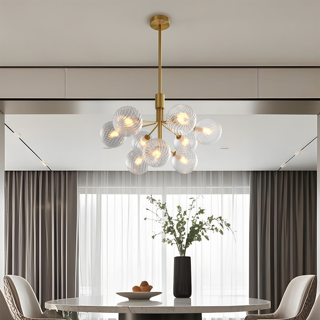 Copper Frame Glass Sphere Chandelier with Staggered Multi-Head Arrangement