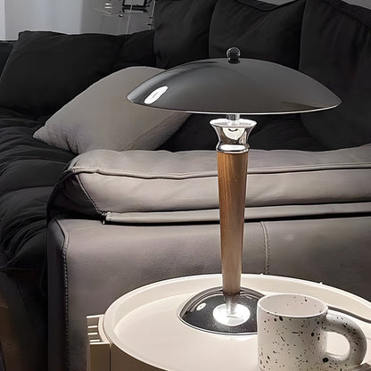 Modern Table Lamp Chrome Mushroom Umbrella Shade Walnut Wood Pole Retro 3 Step Color Temp LED E14 Bedside Living Room 15.35 Inch
