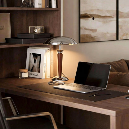 Modern Table Lamp Chrome Mushroom Umbrella Shade Walnut Wood Pole Retro 3 Step Color Temp LED E14 Bedside Living Room 15.35 Inch
