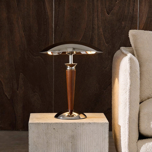 Modern Table Lamp Chrome Mushroom Umbrella Shade Walnut Wood Pole Retro 3 Step Color Temp LED E14 Bedside Living Room 15.35 Inch