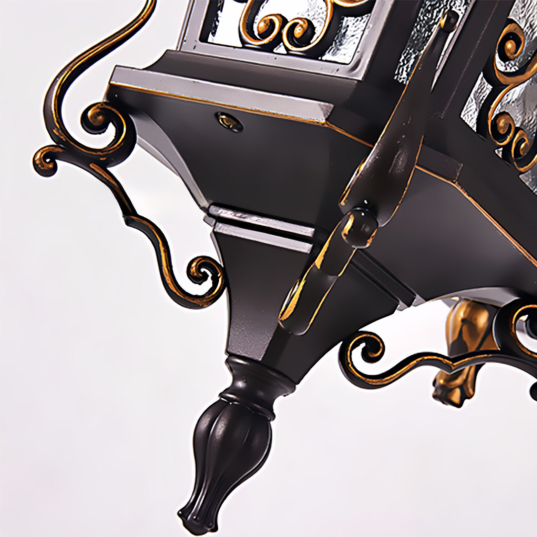 Antique European Lantern Outdoor Wall Sconce Ornate Aluminum Glass Polished Black IP55 490LM 3000K Garden Gate