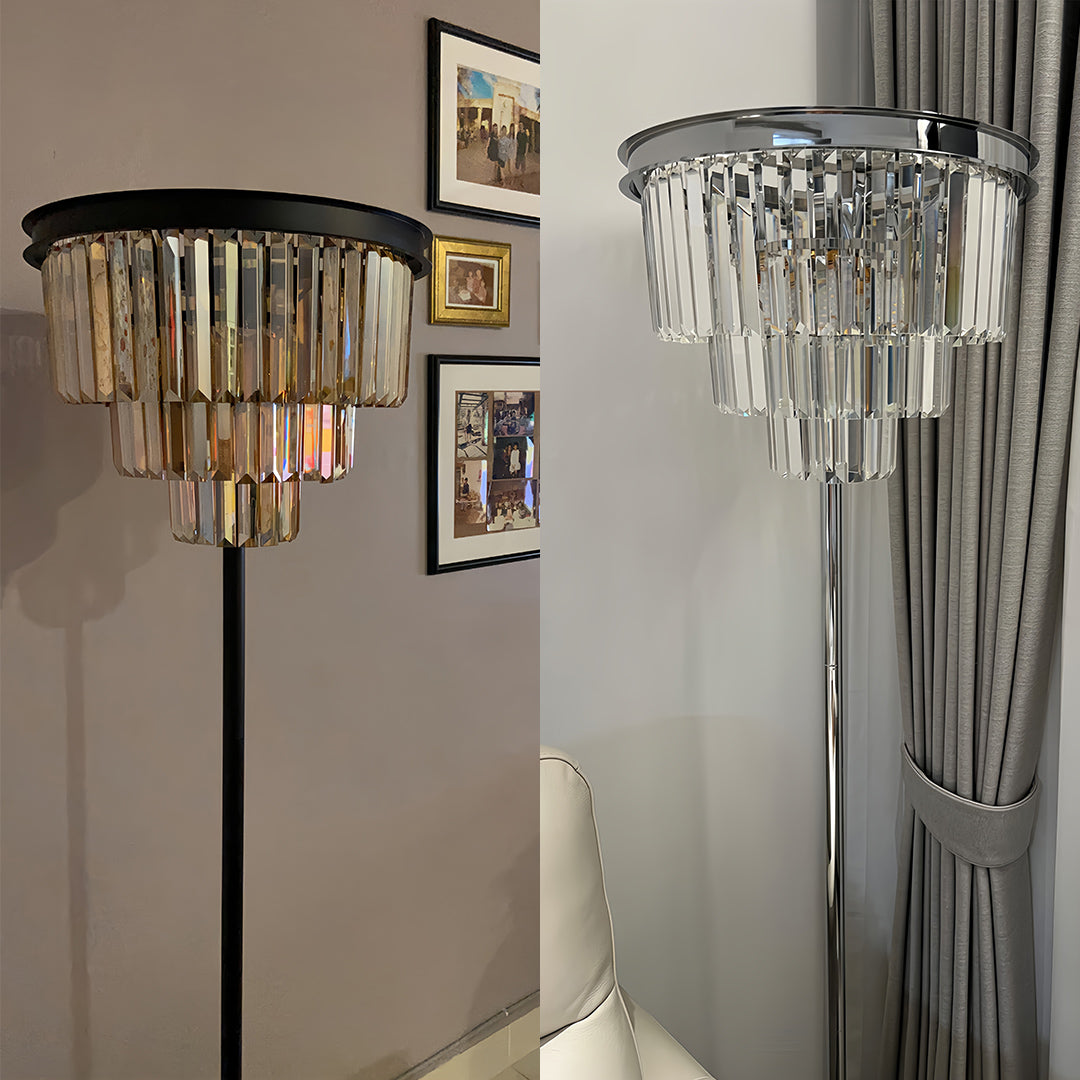 Decorative Floor Lamp Handcrafted Crystal Shade Black Iron E14 Foot Switch American Glamorous Transparent Amber Smoky Gray 63 Inch