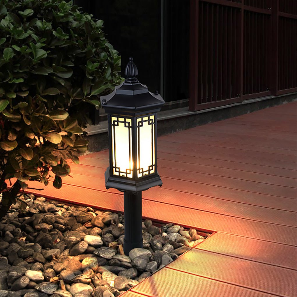 Traditional Asian Inspired Pathway Light Rhombus Lantern Frosted Glass Aluminum IP65 Villa Courtyard