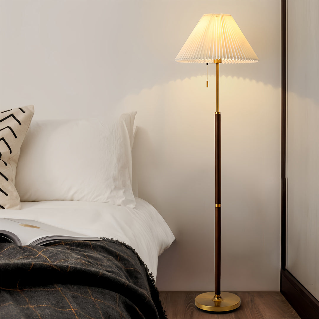 Modern Floor Lamp Solid Wood E27 LED Pleated Linen Shade Pull Chain Dimmable Remote Walnut Nordic American Country 62 Inch
