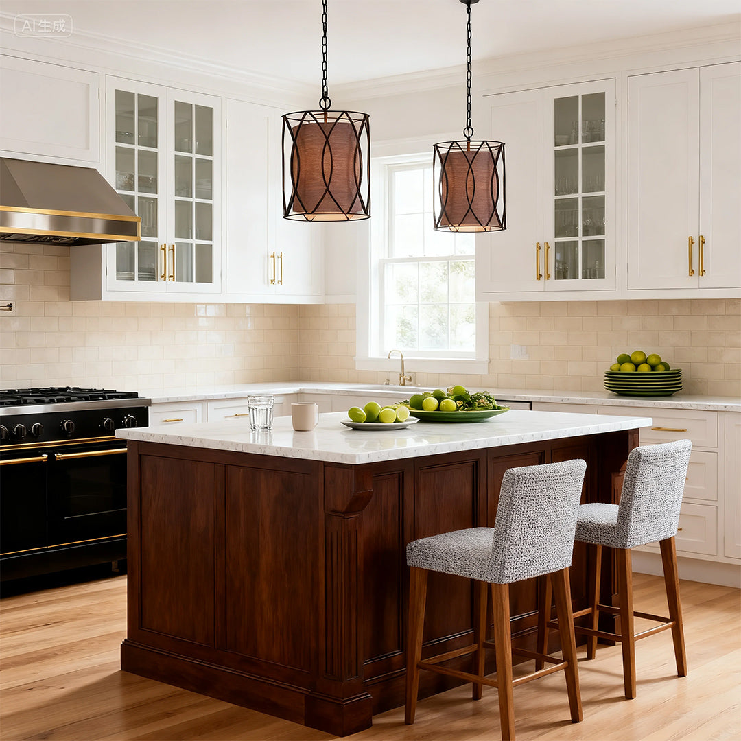 Black Industrial Pendant Light Caged Cast Iron Linen Fabric Shade E12 Kitchen Island Dining Room 14 Inch