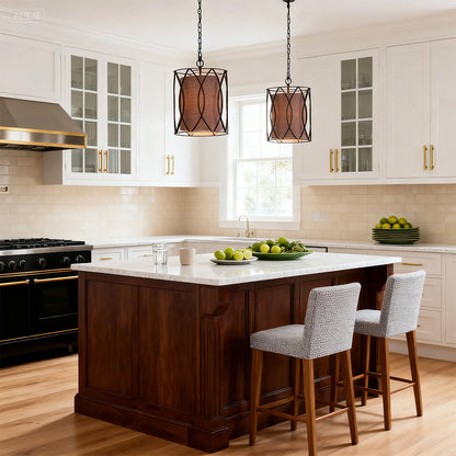 Black Industrial Pendant Light Caged Cast Iron Linen Fabric Shade E12 Kitchen Island Dining Room 14 Inch