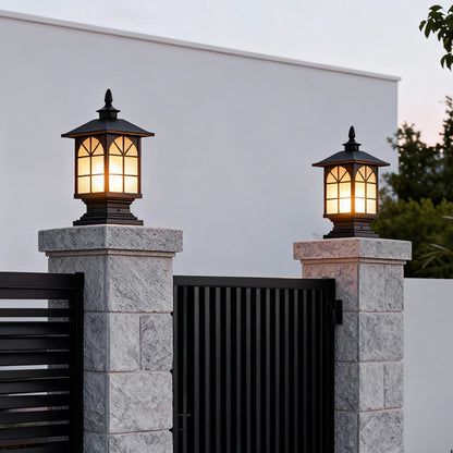 Retro Die-Cast Aluminum Frosted Glass Outdoor Pillar Light Black or Bronze 3 Grid Styles IP55 Hardwired E27