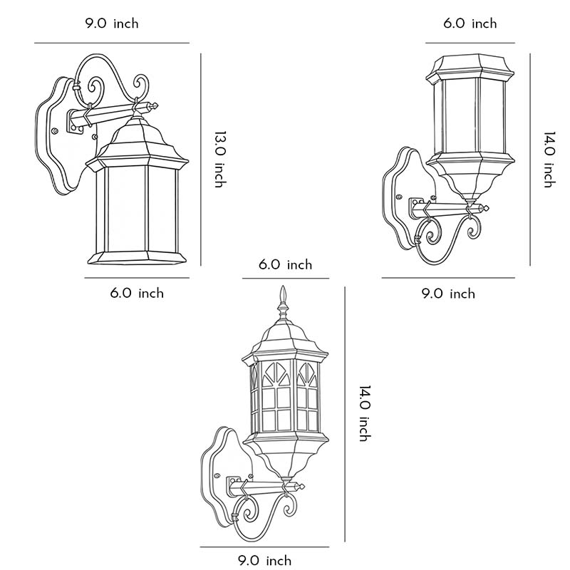 Classic Retro Porch Outdoor Wall Lantern Die-Cast Aluminum Glass E27 3 Beam Directions Solar Hardwired Black Bronze