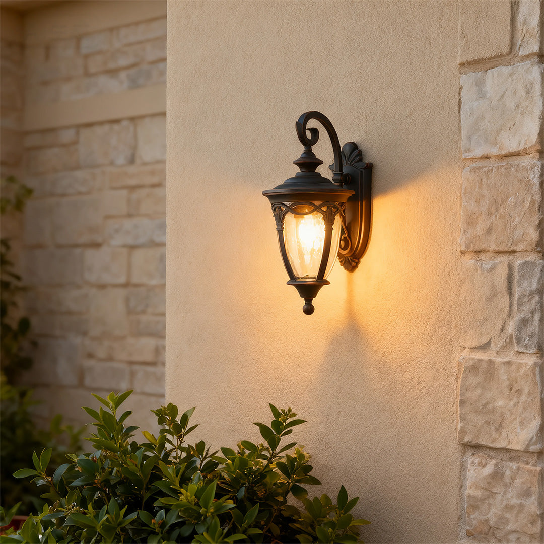 European Ornate Outdoor Wall Lantern Black Aluminum Glass E26 IP44 Hardwired