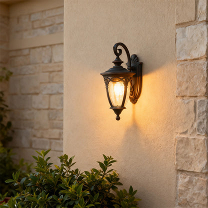 European Ornate Outdoor Wall Lantern Black Aluminum Glass E26 IP44 Hardwired