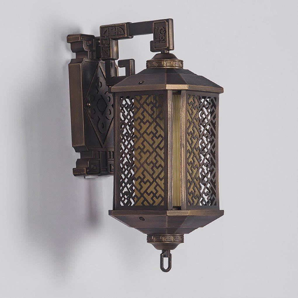 Classical Hollow Pattern Outdoor Wall Lantern Iron Glass E27 IP54 3000K Copper Courtyard Villa Corridor 36 Inch