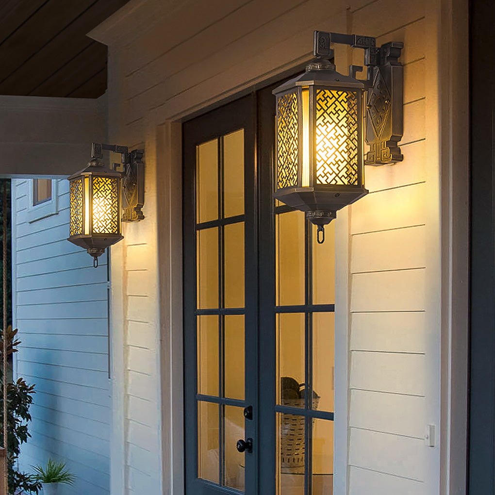 Classical Hollow Pattern Outdoor Wall Lantern Iron Glass E27 IP54 3000K Copper Courtyard Villa Corridor 36 Inch