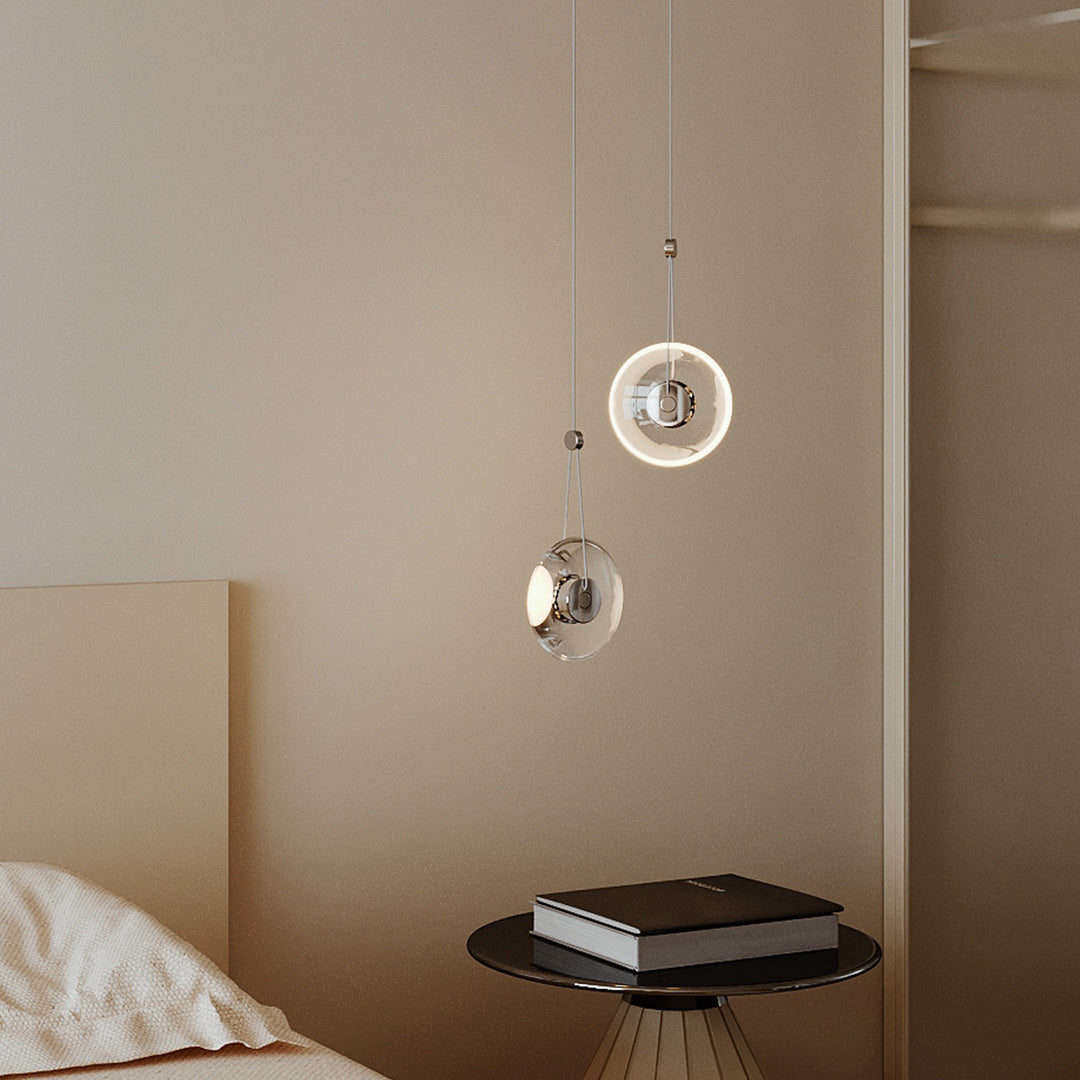 Clear Crystal Pendant Light Pivoting Inner LED Ring Transparent Frame 8W Modern