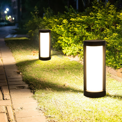 Cylindrical LED Bollard Landscape Light | Solar & Hardwired Black Outdoor Path Light