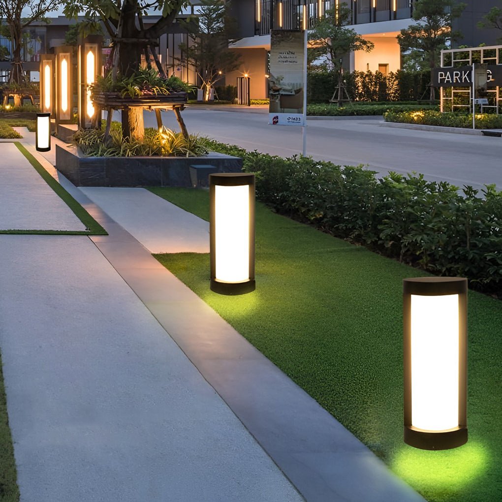 Cylindrical LED Bollard Landscape Light | Solar & Hardwired Black Outdoor Path Light