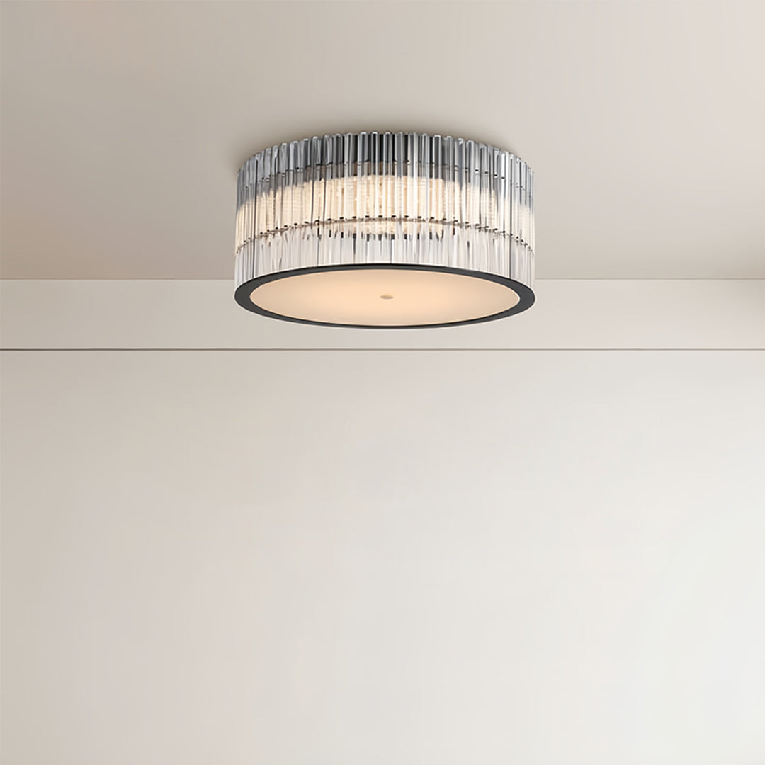 Round Drum Crystal Prism Rod Flush Mount in Black Metal and Transparent Glass with Warm White Integrated LED