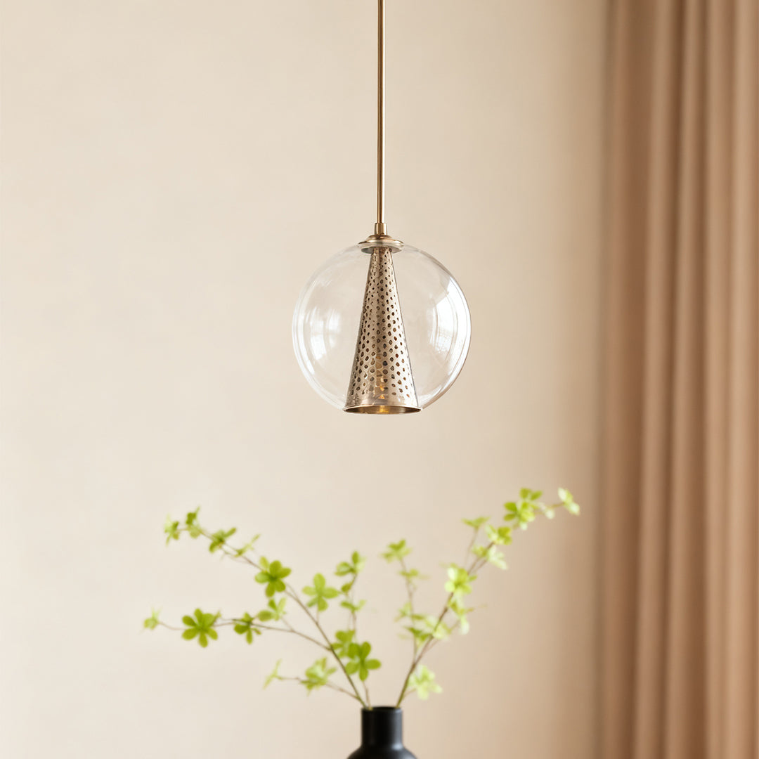 Glass Ball Pendant Light Italian Minimalist Clear Glass Perforated Copper Brass Cone E26 Dining Room 10 Inch