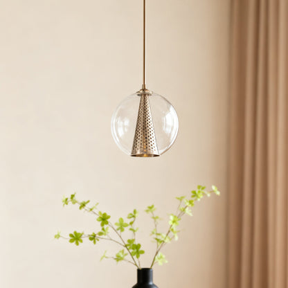 Glass Ball Pendant Light Italian Minimalist Clear Glass Perforated Copper Brass Cone E26 Dining Room 10 Inch