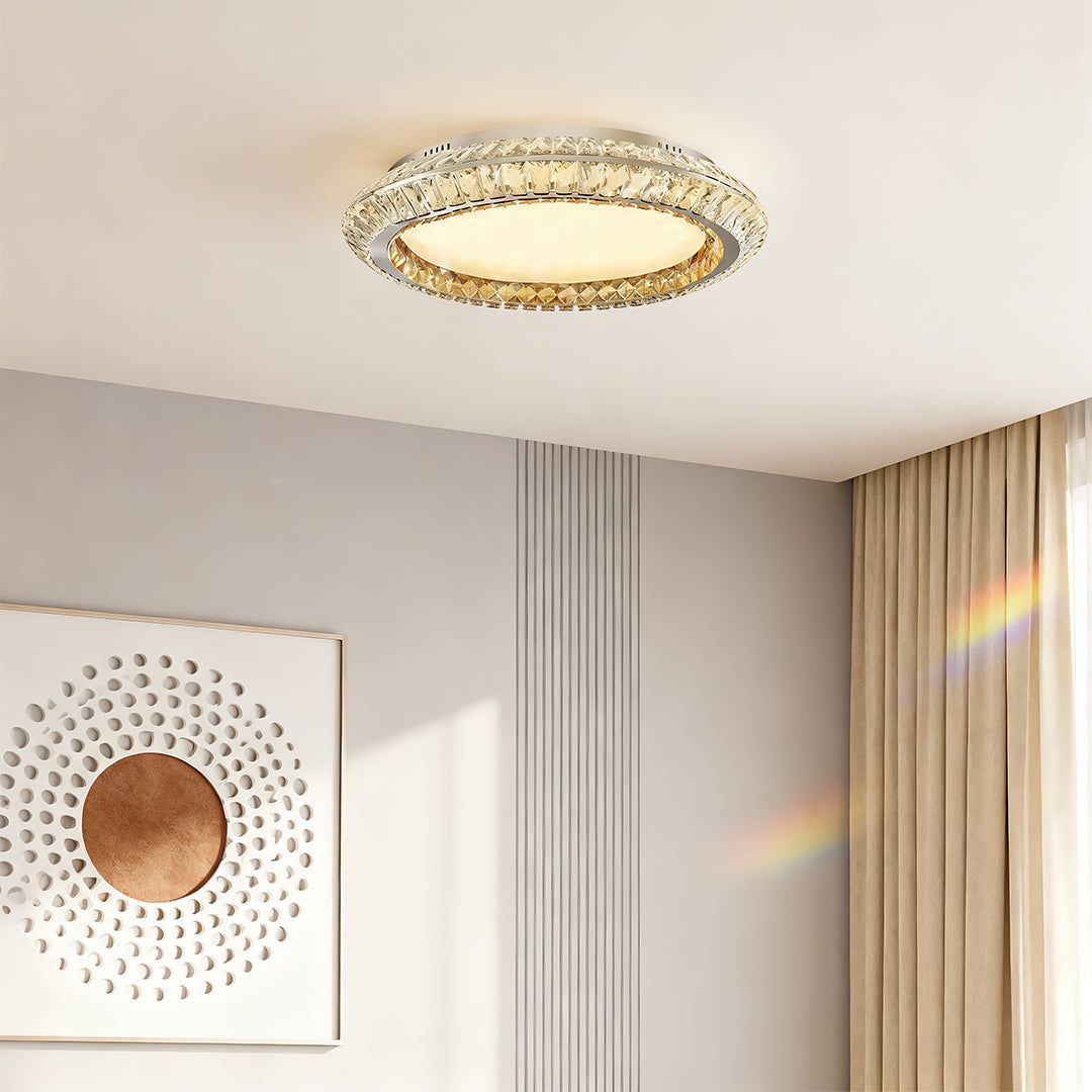 Gold Crystal Drum Shade Flush Mount Round Three Sizes Full Spectrum LED