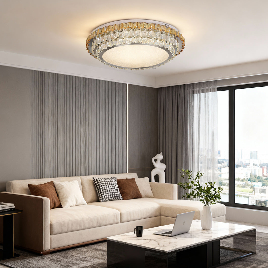 Round Amber Crystal Flush Mount Chrome Gold 4 Sizes Full Spectrum LED