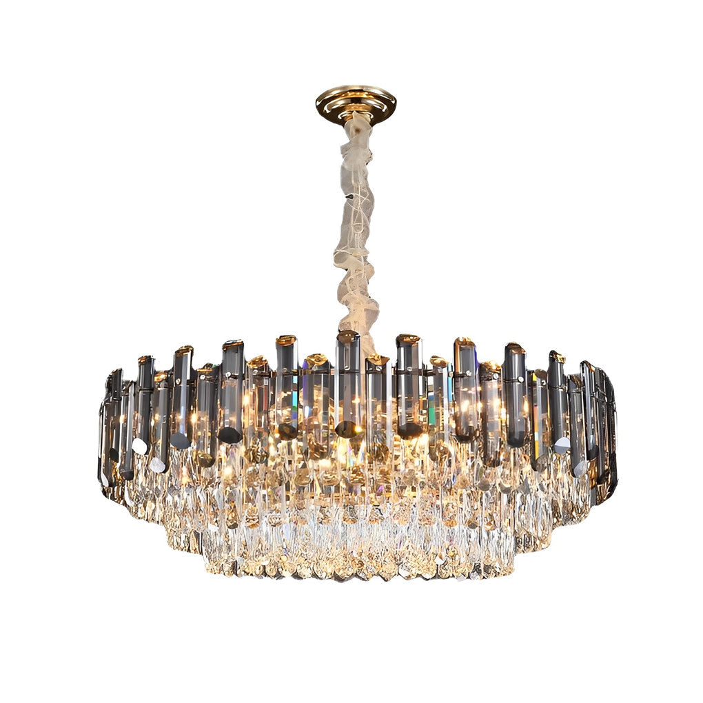 Tiered Crystal Drum Chandelier Gold Iron E14 3000K Smoky Clear Crystal Round Oval Dining Room