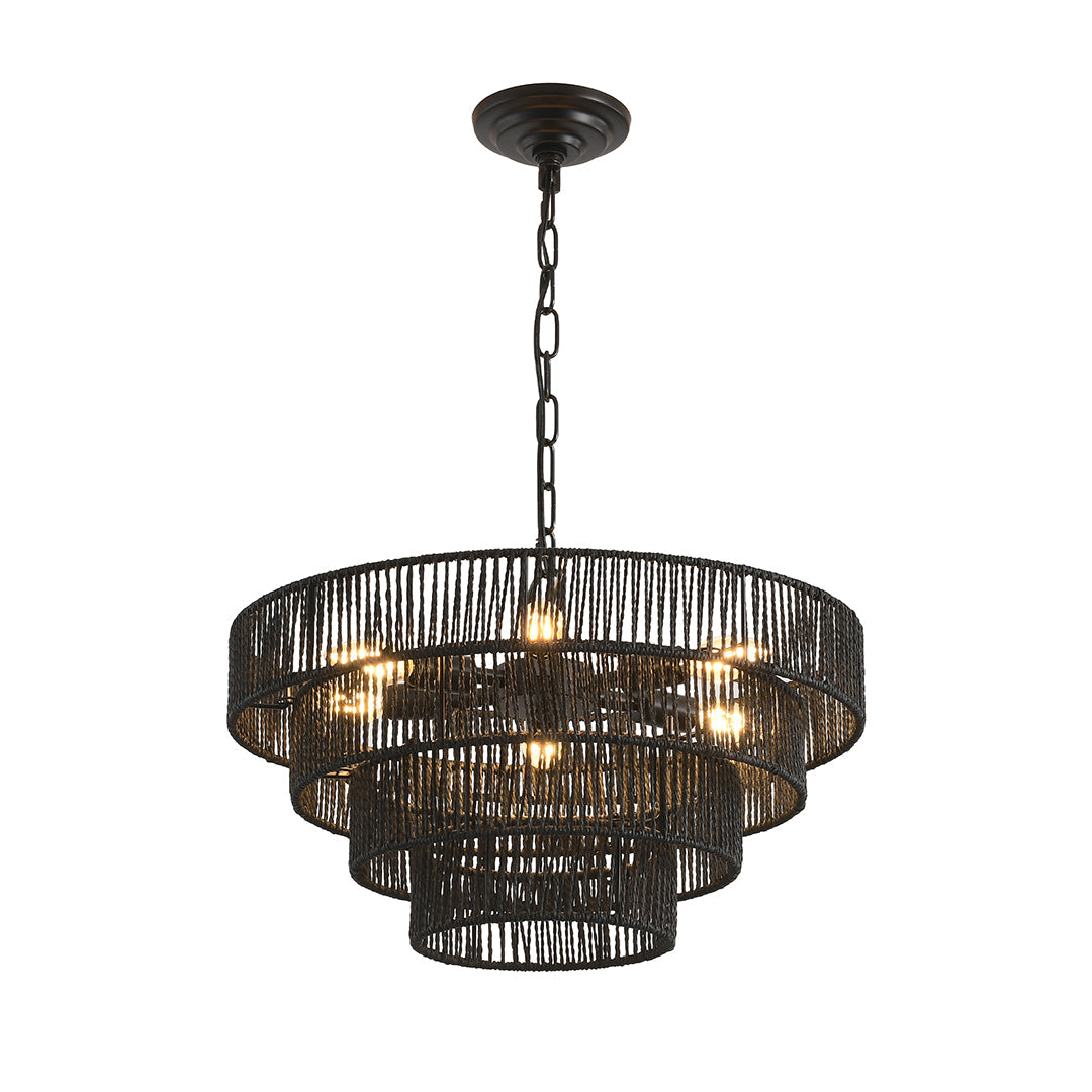 Wabi-Sabi Chandelier Hand-Wrapped Jute Rope Iron Frame Japandi Dining Room Living Room