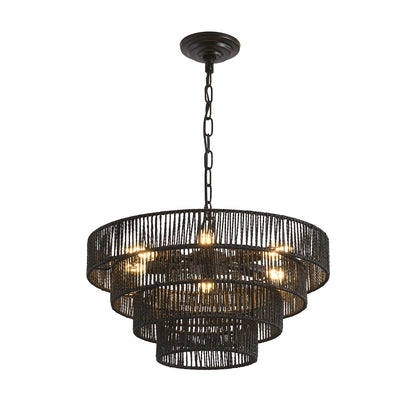Wabi-Sabi Chandelier Hand-Wrapped Jute Rope Iron Frame Japandi Dining Room Living Room