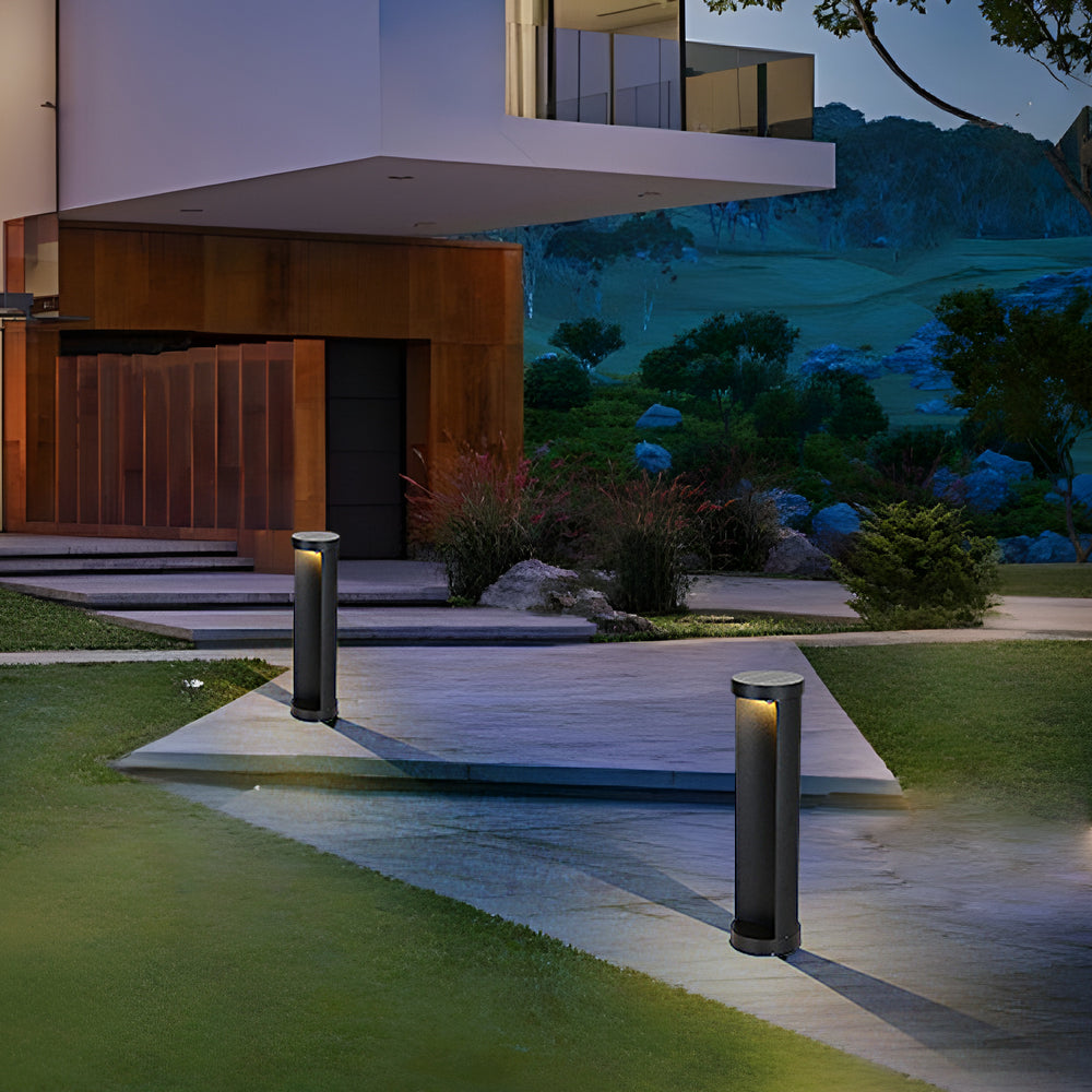 Cylindrical LED Bollard Landscape Light Solar Hardwired Black Outdoor Path Light