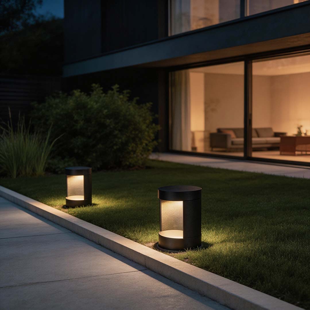 Cylindrical LED Bollard Landscape Light Solar Hardwired Black Outdoor Path Light