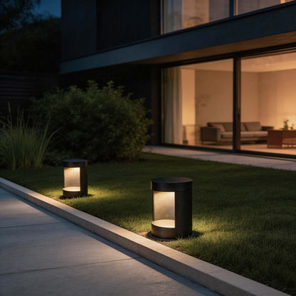Cylindrical LED Bollard Landscape Light Solar Hardwired Black Outdoor Path Light