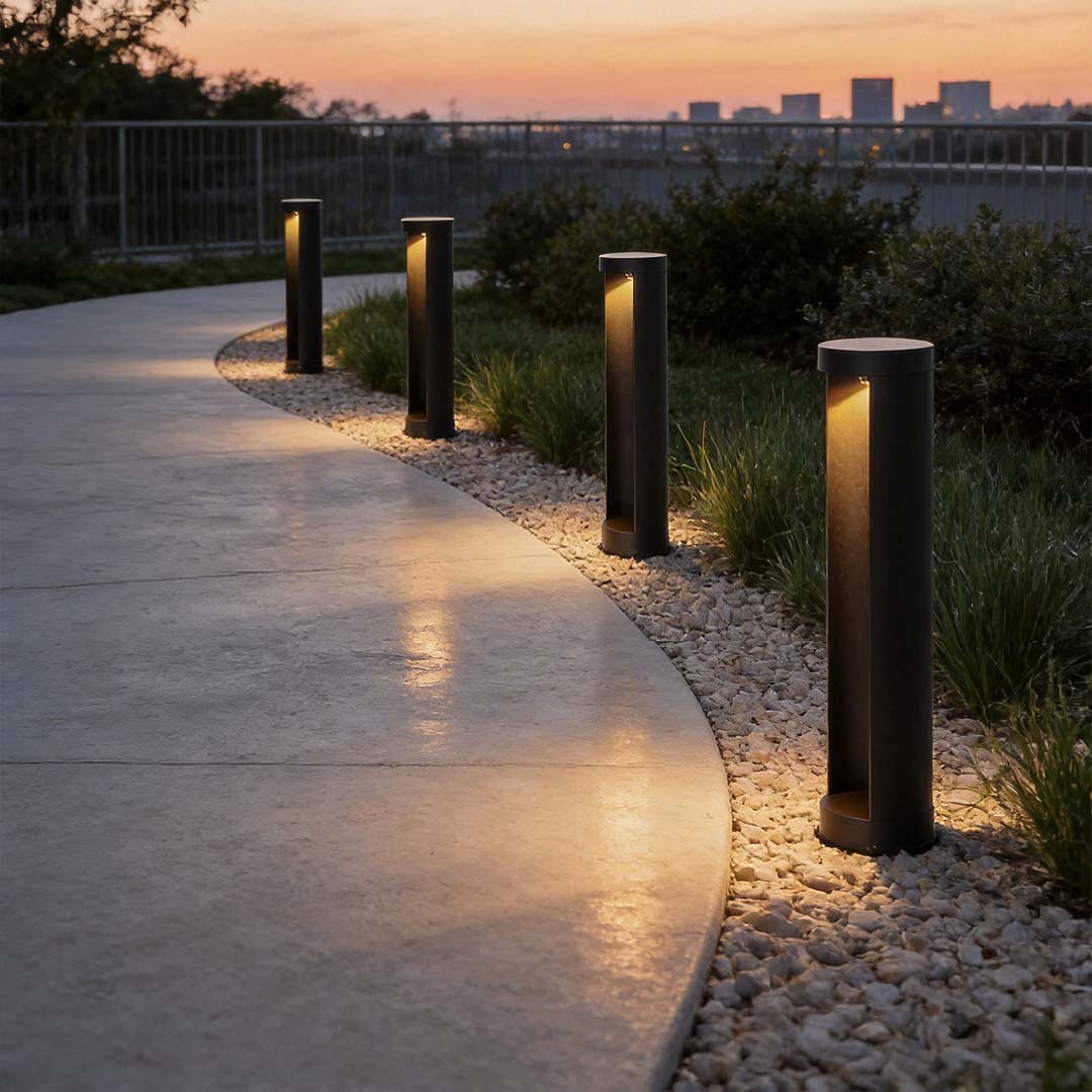 Cylindrical LED Bollard Landscape Light Solar Hardwired Black Outdoor Path Light