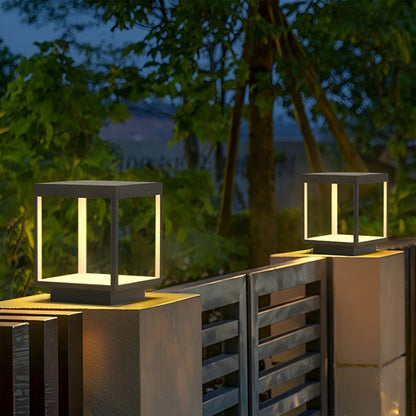 Modern Open Frame Square Outdoor Pillar Light Black Stainless Steel Acrylic Solar or Hardwired IP54 3 Sizes