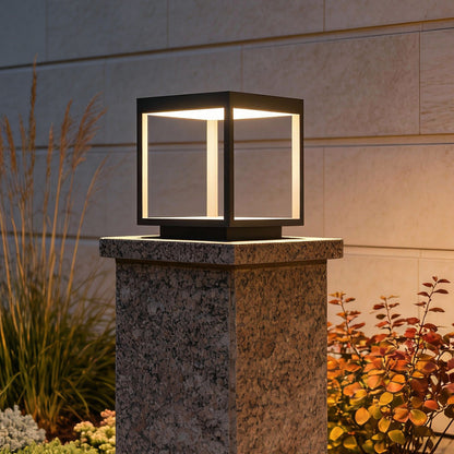 Modern Open Frame Square Outdoor Pillar Light Black Stainless Steel Acrylic Solar or Hardwired IP54 3 Sizes