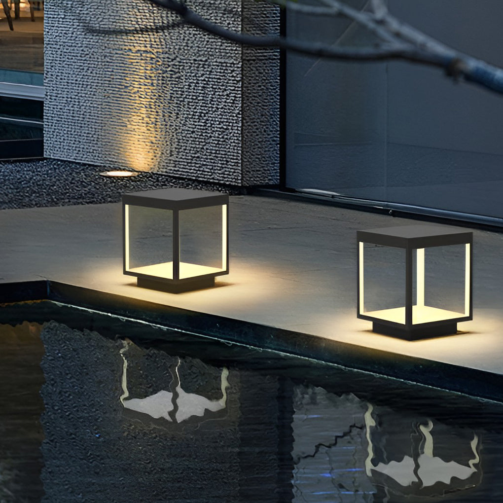 Modern Open Frame Square Outdoor Pillar Light Black Stainless Steel Acrylic Solar or Hardwired IP54 3 Sizes