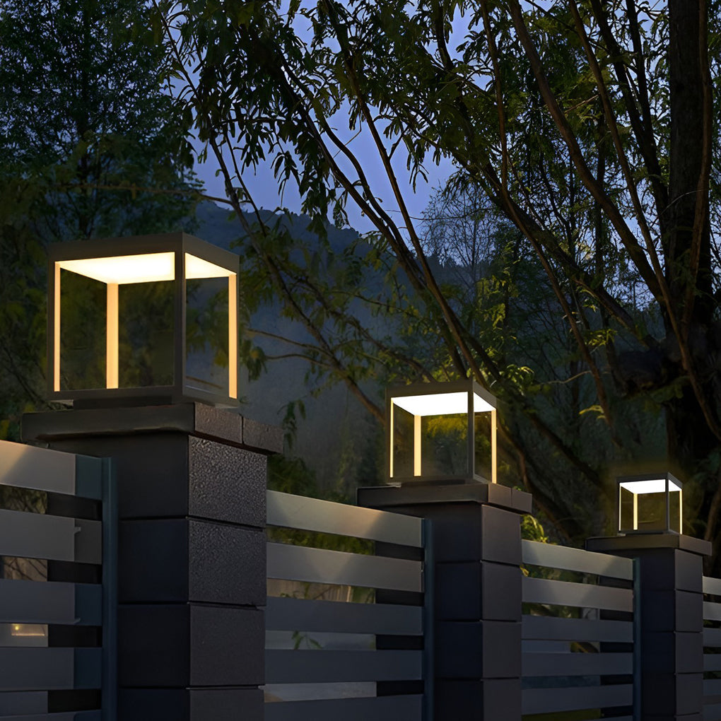 Modern Open Frame Square Outdoor Pillar Light Black Stainless Steel Acrylic Solar or Hardwired IP54 3 Sizes